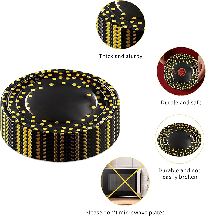 160 Pcs Black and Gold Paper Plates, Forks and Cups Party Supplies, Disposable - Image 3