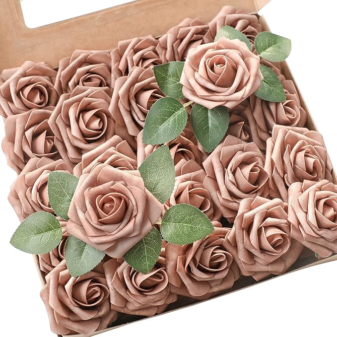 Floroom Artificial Flowers 25pcs Real Looking Warm Taupe Foam Fake Roses by Floroom