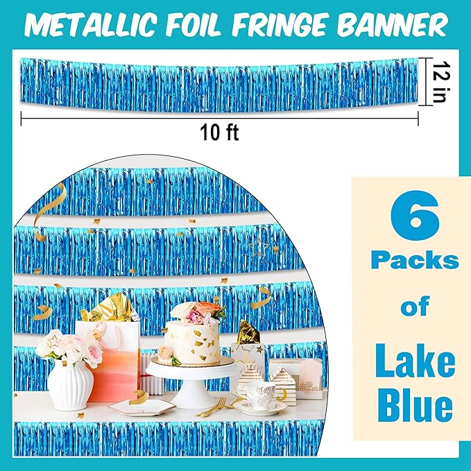 6 Pack 10 Ft Lake Blue Foil Fringe Garland Metallic Streamers Tinsel Banner - Image 2