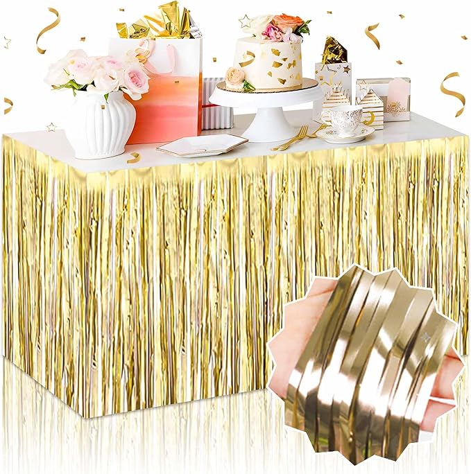 3 Pack 29 x108 Inch Light Gold Foil Fringe Table Skirts Metallic Banner by LANTIANCHEN