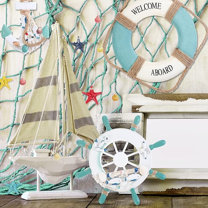 Marsui 11 Pcs Wooden Nautical Wall Decor Fishing Net Decorations, Include - Image 6