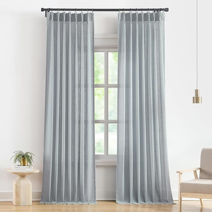Vision Home Blue Fog Pinch Pleated Semi Sheer Curtains Textured Linen Blended - Image 8