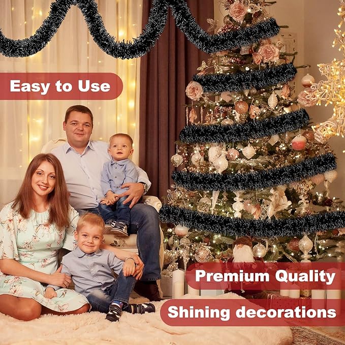 50 Feet Black Christmas Tinsel Garland, Metallic Foil Twist Banner Wall Hanging - Image 4
