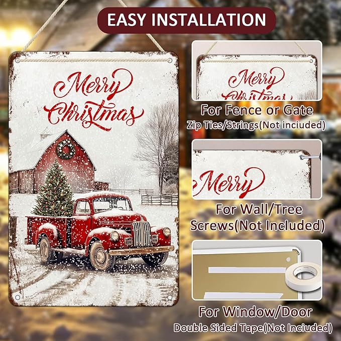 Vintage Christmas Red Truck Tin Sign Merry Christmas Truck Christmas Tree Metal - Image 3
