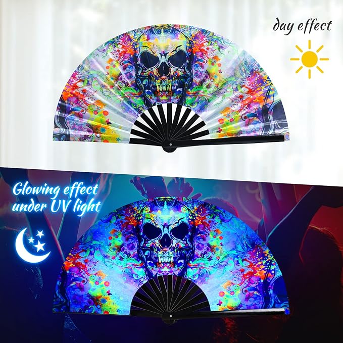 SYNTECSO Folding Hand Fan for Rave, UV Glow Fan, Large Bamboo Fan for Drag Queen - Image 5