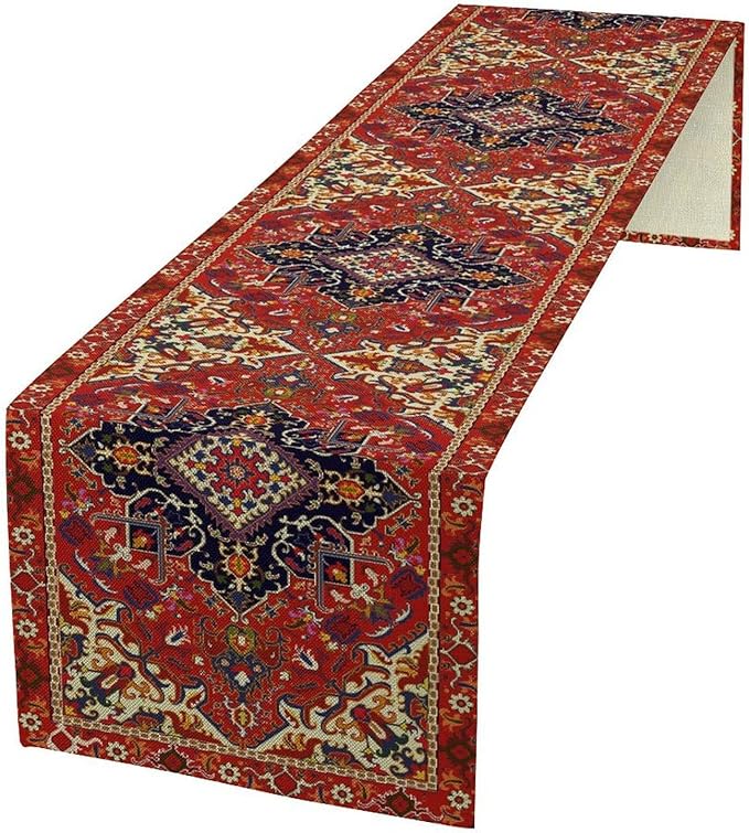 Boho Old French Table Runner, Vintage Red Beige Retro Flower Rustic Country by Unknown