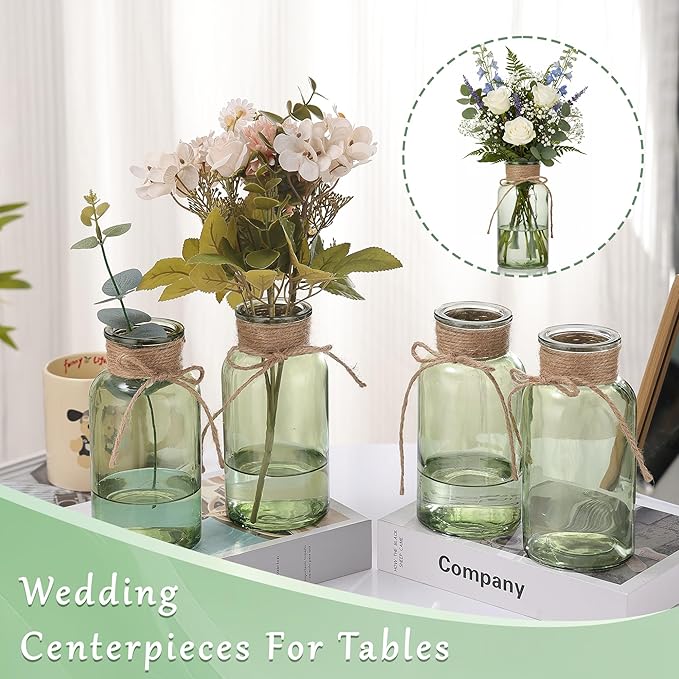 Green Glass Flower Vases for Centerpieces Set of 12, Mason Jars Boho Cylinder - Image 2