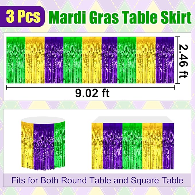 3 Pack 29 x108 Inch Gold Green Purple Foil Fringe Table Skirts Metallic Banner - Image 2