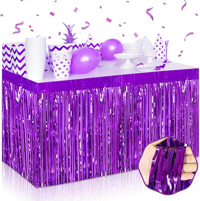 3 Pack 29 x108 Inch Purple Foil Fringe Table Skirts Metallic Banner by Mebiornt