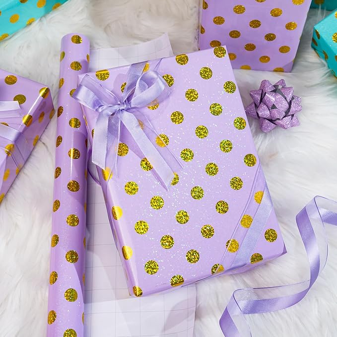 Burymento Purple Holographic Dots Wrapping Paper, Reversible Gold Gift Wrap - Image 2