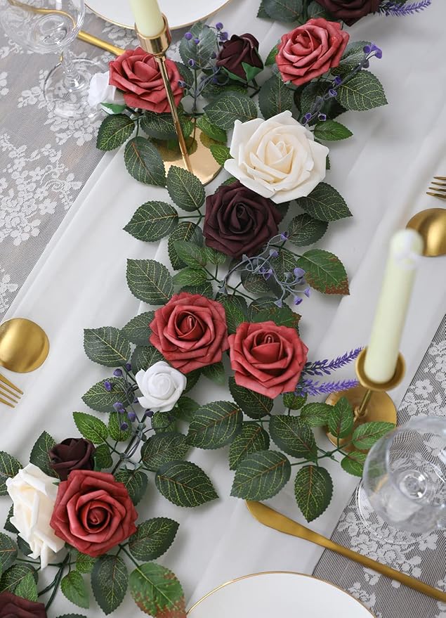 5FT Artificial Rose Flower Burgundy Fake Floral Garland - Image 2