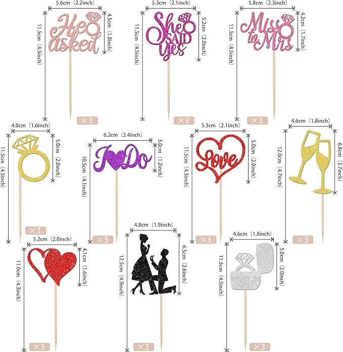 30 PCS Bride to Be Cupcake Toppers Glitter Miss to Mrs I Do Love Heart Ring - Image 2