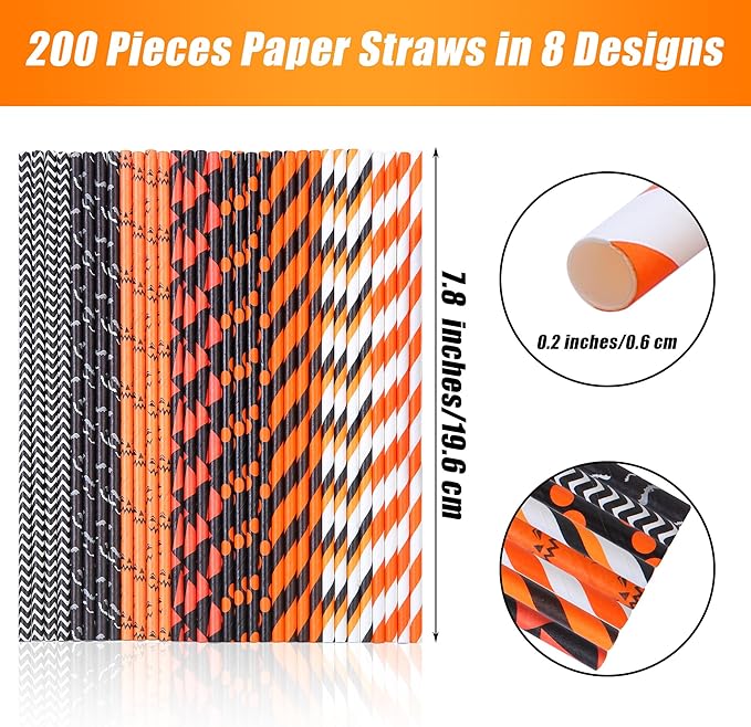 Cooraby 200 Pieces Halloween Paper Straws Biodegradable Drinking Stripe Bicolor - Image 2