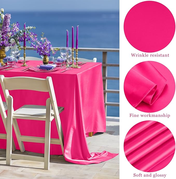 TURSTIN 1 Pack Hot Pink Satin Tablecloth 102 x 58 Inch Overlay Satin Table - Image 3