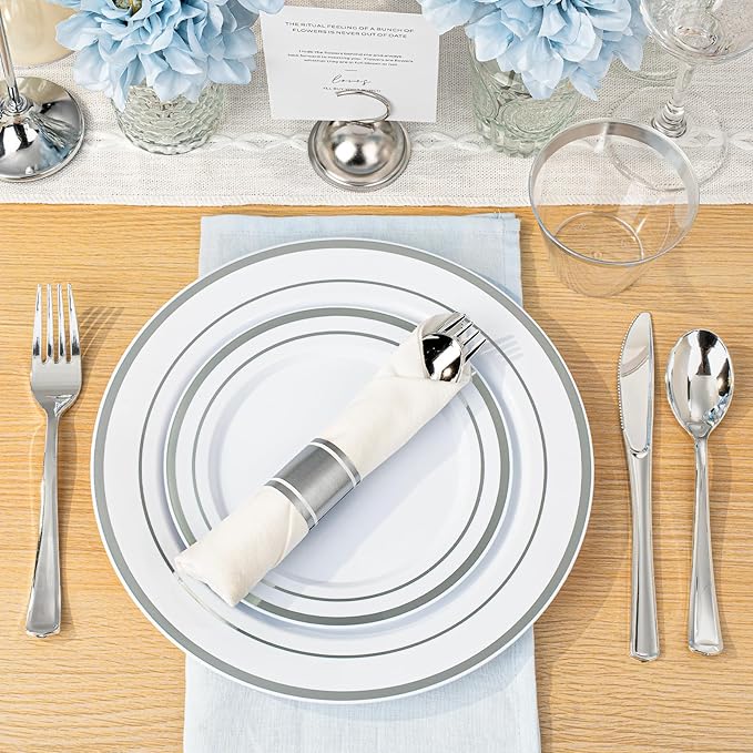BESTVIP 700PCS Silver Plastic Dinnerware Set - Image 6