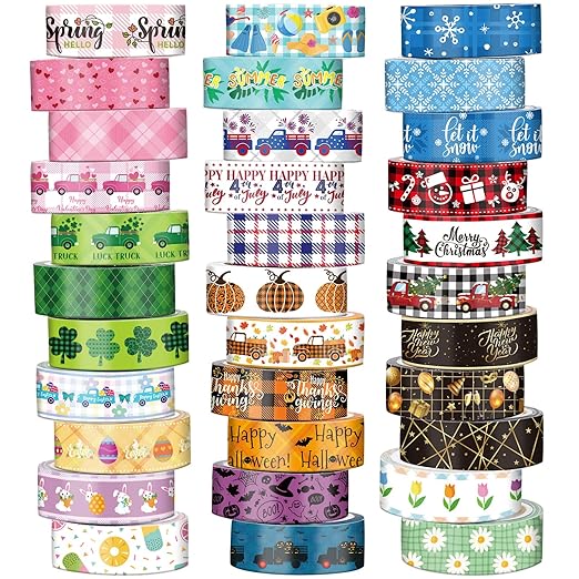 TaoBary 33 Rolls Holiday Plaid Washi Tape, 15 mm Seasonal Washi Tape Set by TaoBary