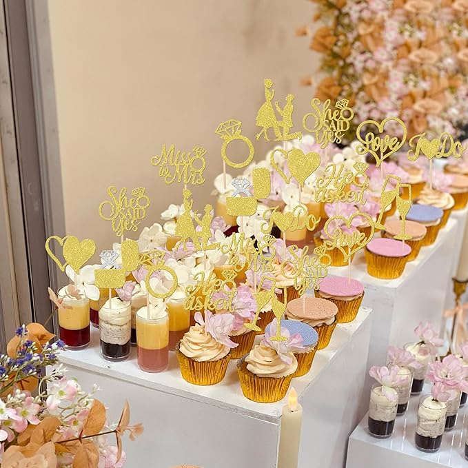 30 PCS He Asked She Said Yes Cupcake Toppers Glitter Engagement Cupcake Toppers - Image 5
