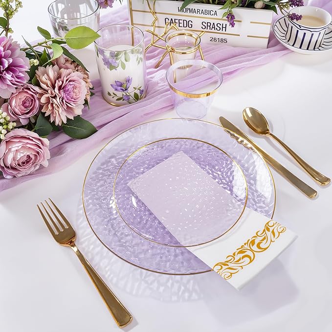 Rubtlamp 350 Pcs Clear Purple Plastic Plates, Hammered Party Plates Set - Image 6