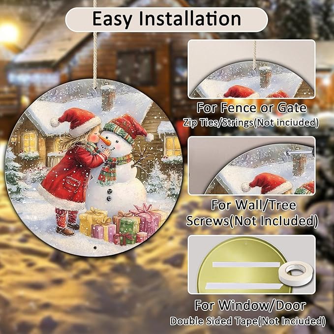Round Wall Decor Christmas Metal Tin Sign Girl and Snowman Sign Rustic Wall - Image 3
