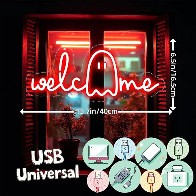 Halloween Welcome Ghouls Neon Sign, Spooky Ghost LED Halloween Decor, Haunted - Image 3