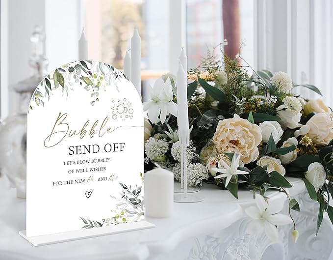 Greenery Bubble Send Off Sign, 6 x 8 Inch White Arch Acrylic Wedding Sign - Image 4