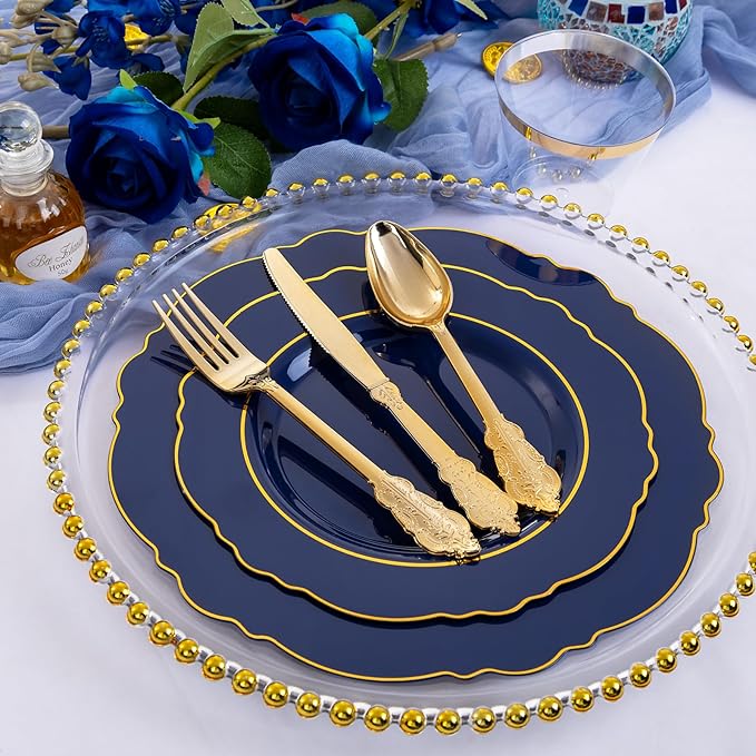 Liacere 350PCS Navy Blue Plastic Plates-Disposable Blue Gold Plates 50guest - Image 5
