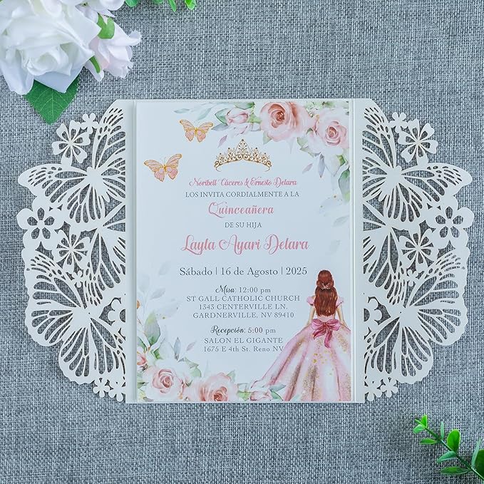 20 PCS 5.12x7.2 Butterfly Quinceanera Invitation, Laser Cut Wedding Invitation - Image 5