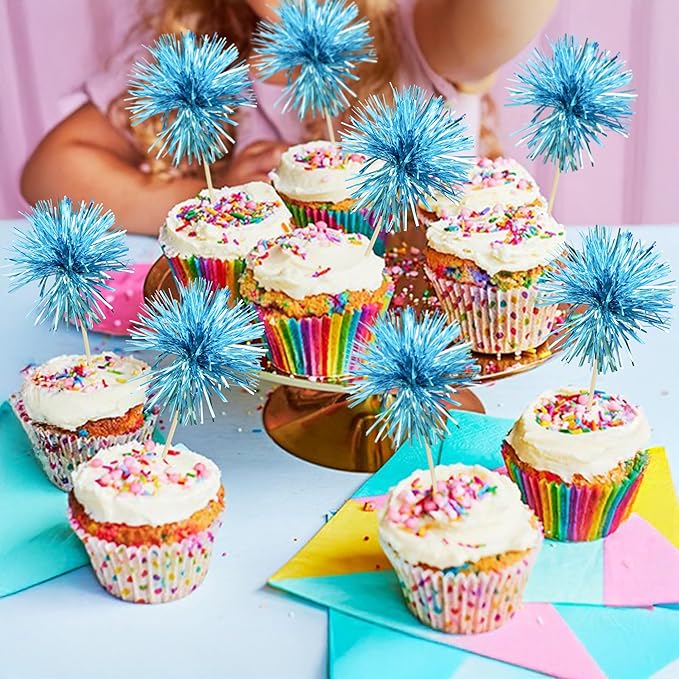 Ephlyn 30Pcs Foil Firework Cupcake Toppers Sparkle Tinsel Cupcake Picks Happy - Image 4