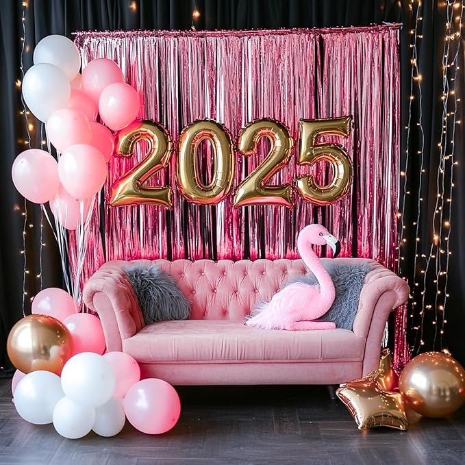 PartyWoo Pink Streamers Tinsel Backdrop Curtain 3pcs 8.2ft Foil Fringe Curtain - Image 5
