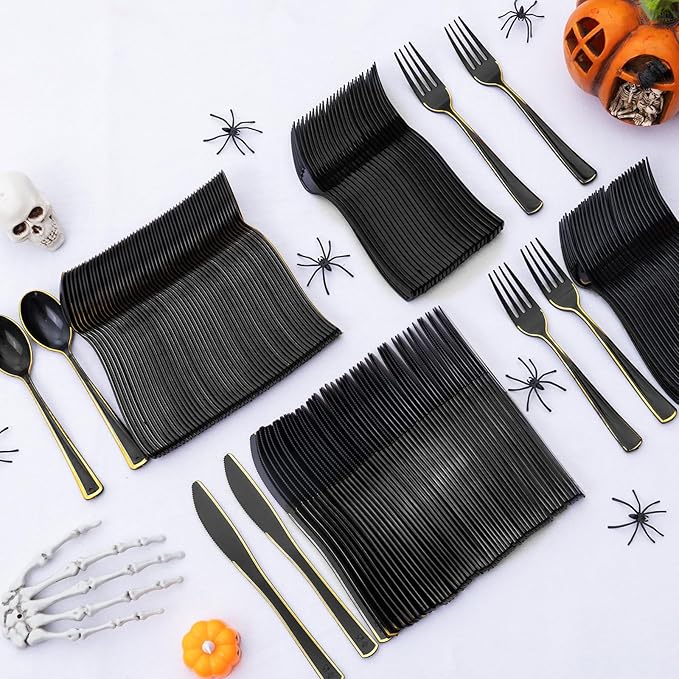 WDF 180 Pieces Black and Gold Plastic Silverware -Halloween Black Plastic - Image 8