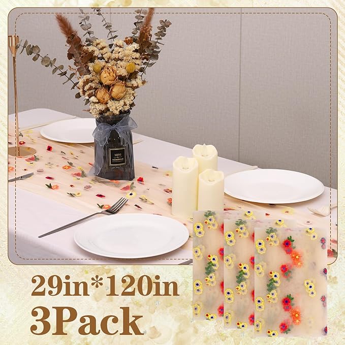 3PCS Champagne Floral Table Runner 10 FT, Embroidery Daisy Table Runners - Image 2
