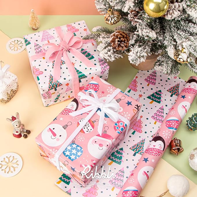 Ribbli Pink Christmas Wrapping Paper Reversible Cute Christmas elements Gift - Image 3