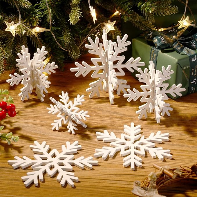 Bucherry 12 Pcs Wooden Snowflake Table Decor 3D Snowflake Tabletop Signs and - Image 6