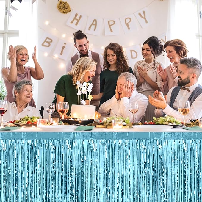 3 Pack 29 x108 Inch Light Blue Foil Fringe Table Skirts Metallic Banner - Image 7