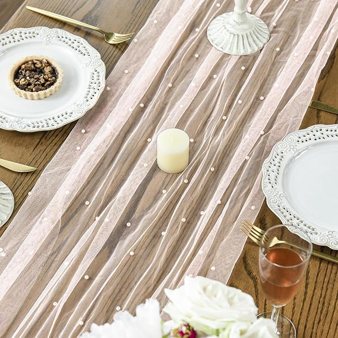 Artoid Mode Pearl Pink Gauze Table Runner 120 Inch 10FT, Seasonal Sheer Dining - Image 4