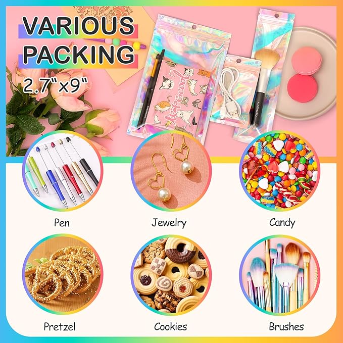 FUNFERY 100 Pack Holographic Bags Clear Window Resealable Bags - Image 5