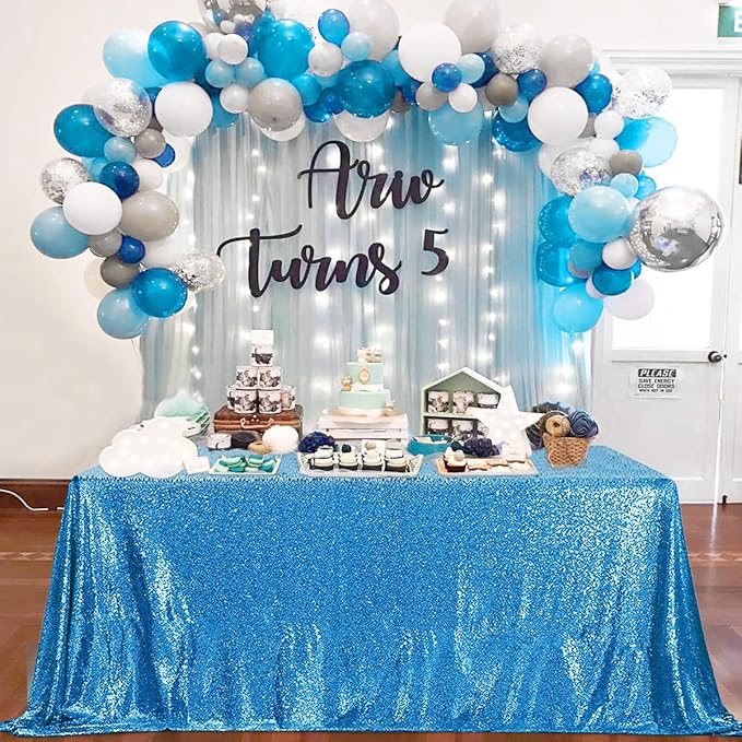 QueenDream Aqua Blue Tablecloth 90 x 156 Inch Sequin Tablecloth - Image 2