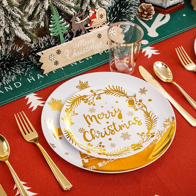 Supernal 150pcs Christmas Plates, Christmas Plastic Dinnerware include Gold - Image 6