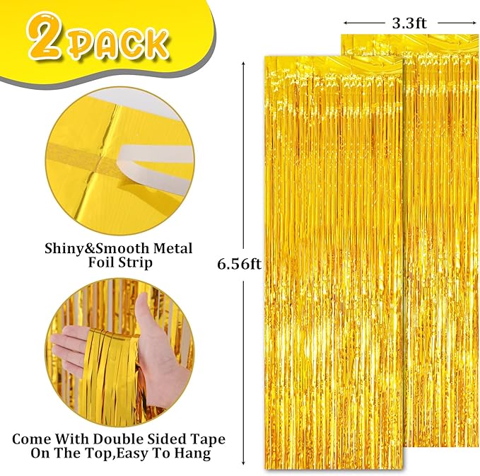 2 Pack Gold Tinsel Foil Fringe Curtains, Metallic Tinsel Party Streamers - Image 3