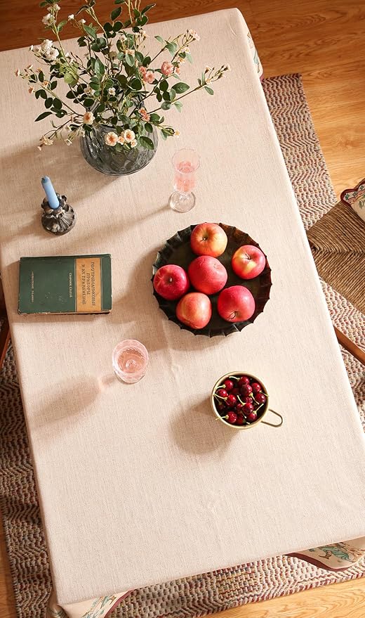patdrea Designer Beige Rectangle Tablecloth, Vintage French Linen Trees Pattern - Image 7