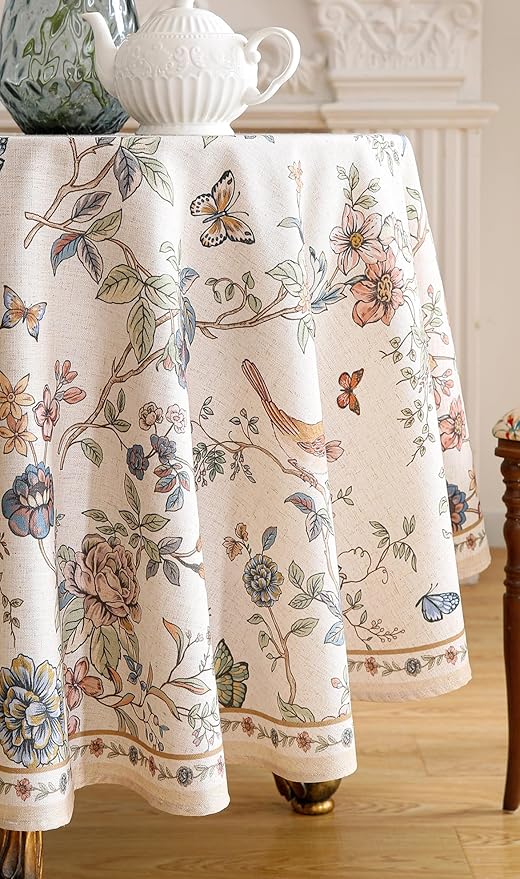 ISAENNE Designer French Light Beige Round Tablecloth, Linen Florals and Birds - Image 9