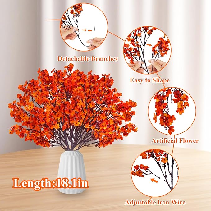 12PCS Fake Fall Flowers Orange Baby Breath Artificial Flowers Real Touch Silk - Image 2