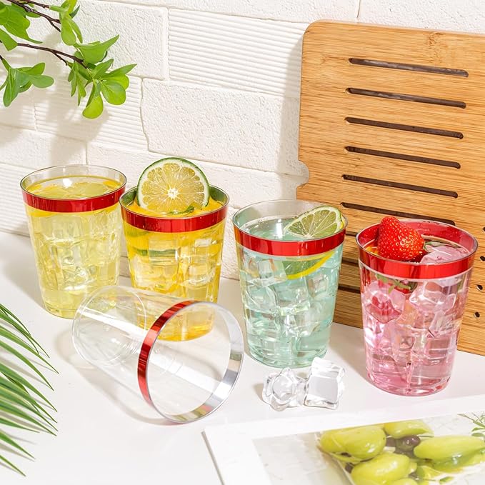 DaYammi 100 Pack Red Plastic Cups 10 Oz Clear Red Rimmed Plastic Cups - Image 9