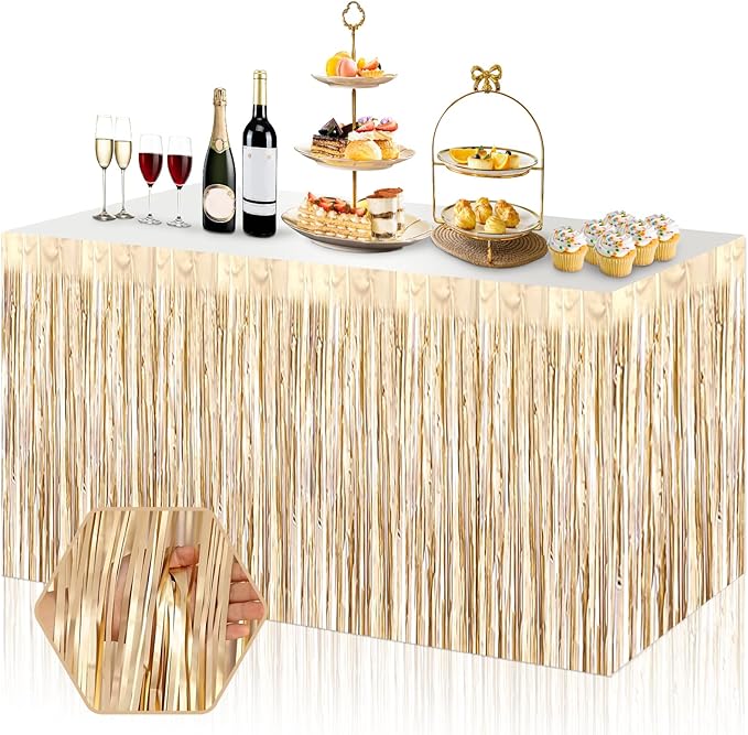 3 Pack 29x108 Inch Champagne Gold Foil Fringe Table Skirts Metallic Banner by Ferwzsr
