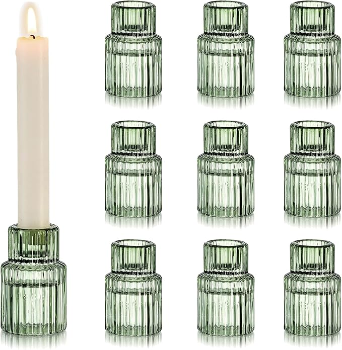 Hewory Glass Taper Candle Holders: 10 PCS Green Vintage Candle Holder by Hewory