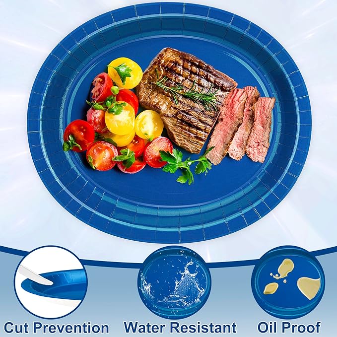QZYL 50 Count Blue Oval Large Paper Plates, 12.2'' X 10.2'', Bulk Dinner Plates - Image 3