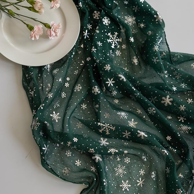 Silvery Snowflake Metallic Print Tulle Christmas Table Runner, Seasonal Winter - Image 2