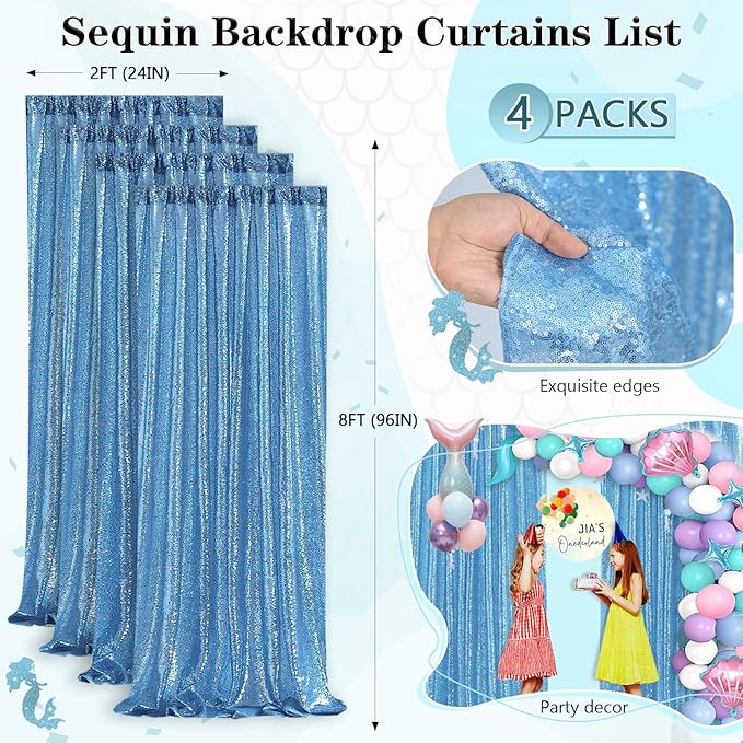Baby Blue Christmas Backdrop Curtains 4 Pieces 2FTx8FT Sequin Photography - Image 3
