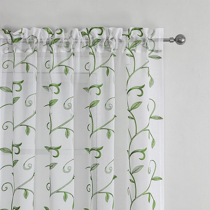 VISIONTEX Embroidered Green Sheer Voile Curtains, Leaves Embroidery Faux Linen - Image 3