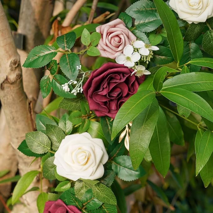 PONATIA 5FT Handcrafted Burgundy Artificial Rose Garland, Dusty Rose Flowers - Image 8